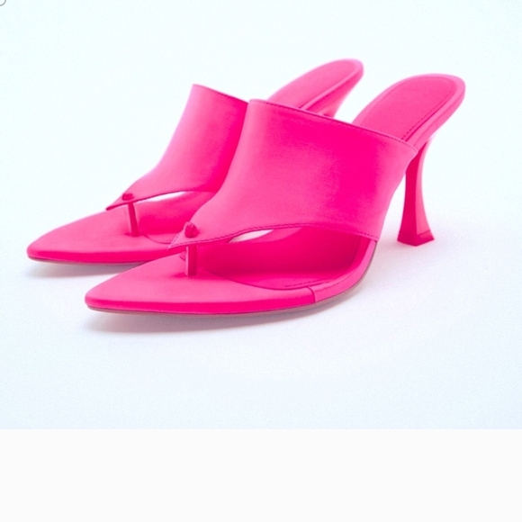 ZARA Satin Effect Thong Heel In Neon Pink. Size 7.5 NWT - Picture 1 of 16